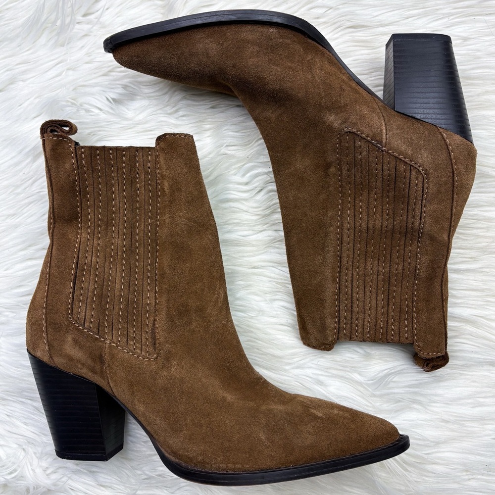 Mango Suede Leather Pointed Toe Block Heel Chelsea Western Ankle Boot Brown Tan - Picture 2 of 11